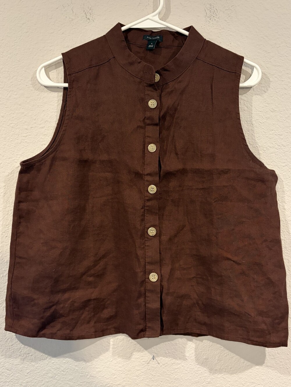 Ann Taylor Womens Classic Brown Linen Button Up Vest Shirt Blouse Size Medium